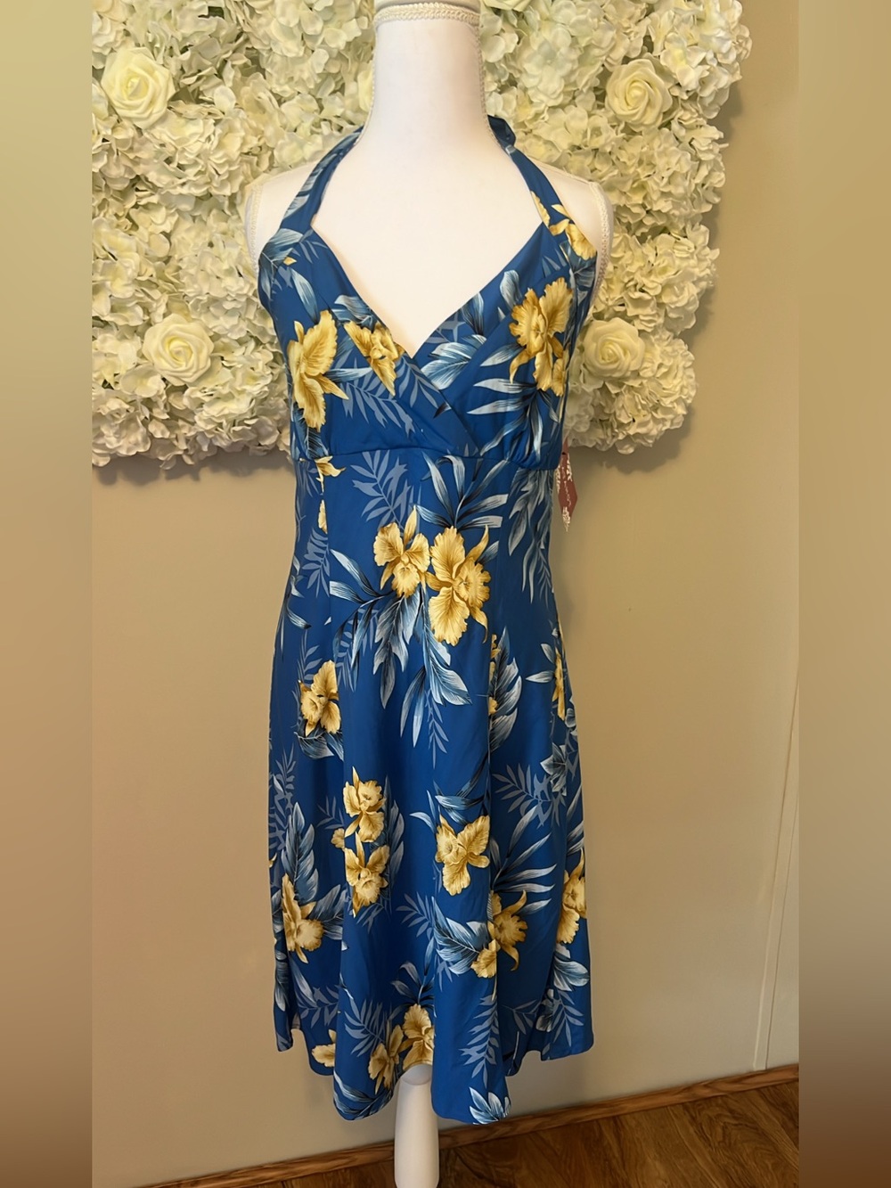 Blue Halter Floral Midi Dress with Yellow Hibiscus